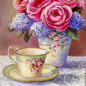 Vintage Teacup Print by Susasn Rios, Floral Teacup Still Life, Teacup and Roses Print, Vintage Vase