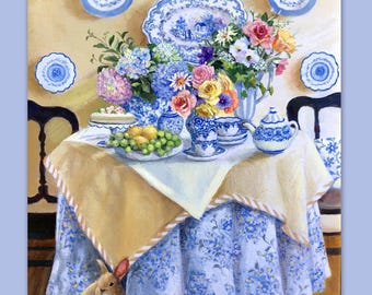 Floral Bouquet Art Print: Blue and White China, Bunny Accent