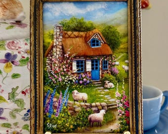 Cottage in the Hills Miniature Framed Print, Sheep Cottage Art,| Irish Country Landscape, Susan Rios