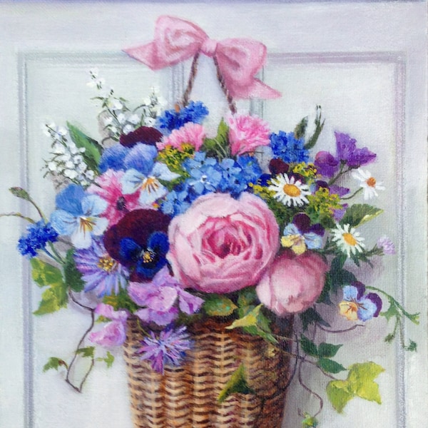 Basket of Spring Flowers Art Print, Basket of Peonies, Pansies, Daisies, Sweet Peas, Floral Basket Print, Pink, Purple, Blue Flower Basket