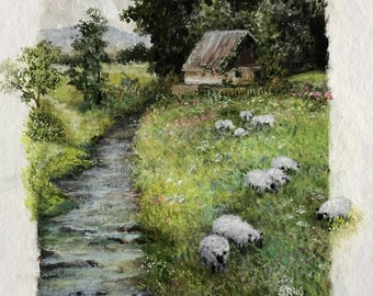 Irish Cottage Landscape Giclee: Sheep Grazing in Emerald Countryside Art Print (10x8)