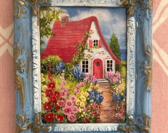 Miniature Seaside Garden Painting: Hollyhock Cottage, Red Door, Vintage Decor