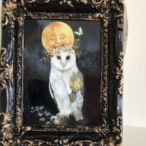Owl and Moon Miniature Framed Print Owl Art Owl and Moon Etsy