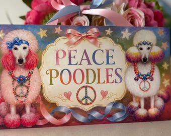 Peace Poodles Print – Whimsical Retro Dog Art, Boho Hippie Wall Decor