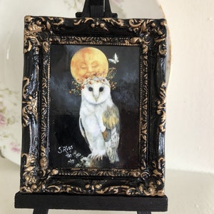 Owl and Moon Miniature Framed Print, Owl Art, Owl and Moon Art, Moon Art, White Owl image 1