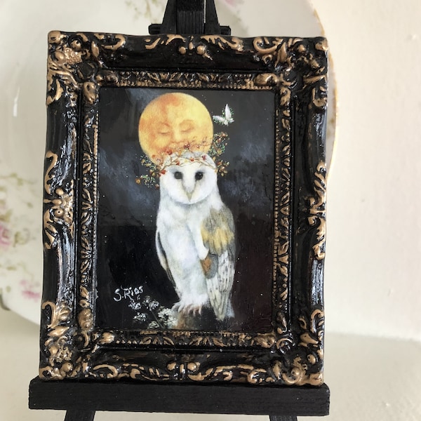 Owl and Moon Miniature Framed Print, Owl Art, Owl and Moon Art, Moon Art, White Owl