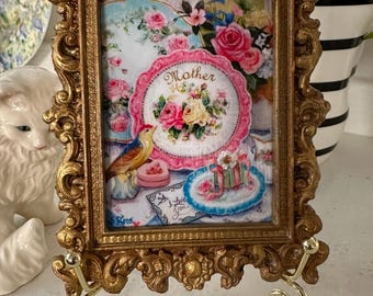 Mother Gift Miniature Framed Print, Romantic Floral Art with Roses & Bird, Victorian Style Decor
