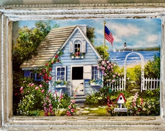 Grace Cottage – Miniature Framed Coastal Cottage Print, Hand Highlighted
