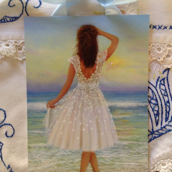 Susan Rios Woman By The Sea Art Print, White Lace Dress Print, Oceanscape, Ocean Decor, Seaside Wall Art