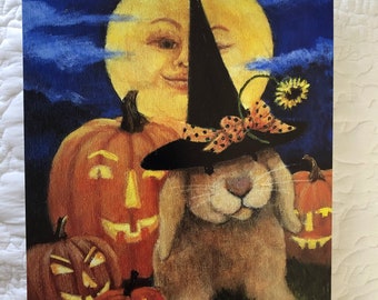 Halloween Bunny Witch Art: Iridescent Glitter Print on Board