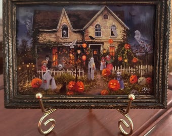 NEW Halloween Mini Framed Art - Cozy Spooky Cottage with Glowing Pumpkins & Ghosts - Fall Home Decor