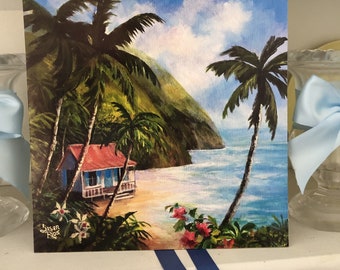 Vintage Hawaii Art Print: Tropical Beach Hut with Palm Trees - Hawaiian Ocean Decor