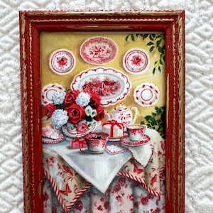 Miniature Framed Red and White Interior by Susan Rios, Vintage Red Dishes, Red Transferware Art Print, Red and White Bouquet