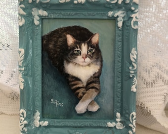 Miniature Framed Cat Art, Gray and White Cat Miniature Painting, Gray Cat Art