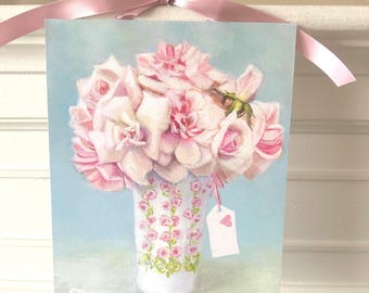 Pink Rose Bouquet Art Print: Hand-Painted Vase, Love Tag