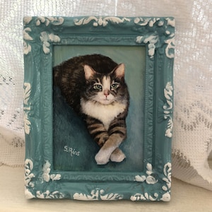 Miniature Framed Cat Art, Gray and White Cat Miniature Painting, Gray Cat Art