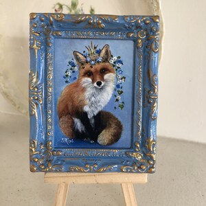 Hand Highlighted Red Fox Miniature Print: Framed Animal Art with Gold Crown Painting