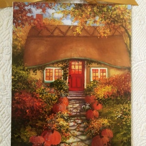 Autumn Cottage Art Print, Cottage With Pumpkins, Autumn Art, Fall Art, Fall Decor, Autumn Decor Thatched Roof Cottage