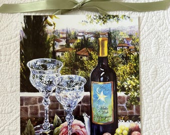 Vineyard Wine Art Print: Tuscan Landscape with Crystal Glasses