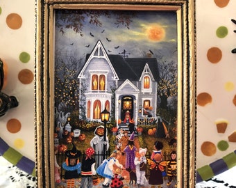 Spooky Halloween Night Miniature Framed Art: Trick-or-Treaters Print for Haunted House Decor