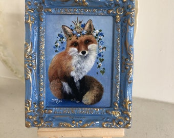 Hand Highlighted Red Fox Miniature Print: Framed Animal Art with Gold Crown Painting