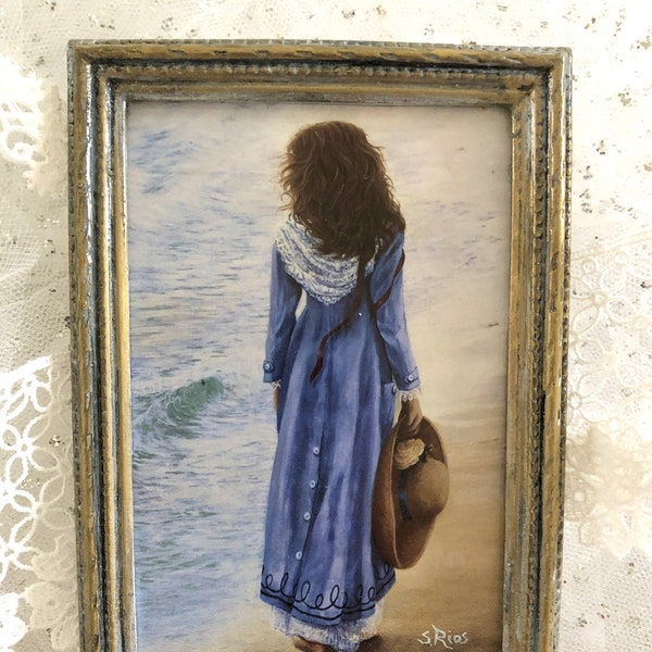 Woman by The Sea Miniature Framed Print, Familiar Walk by Susan Rios Miniature Print, Ocean Art, Ocean Print