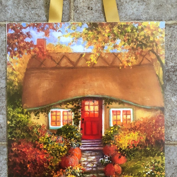 Autumn Cottage Art Print: Thatched Roof, Pumpkins, Iridescent Glitter