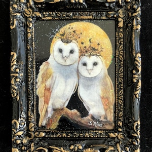 Midnight Magic Owls, Miniature Owl Art, Miniature Framed Owl Art Print, Miniature Bird Art, Owl Decor