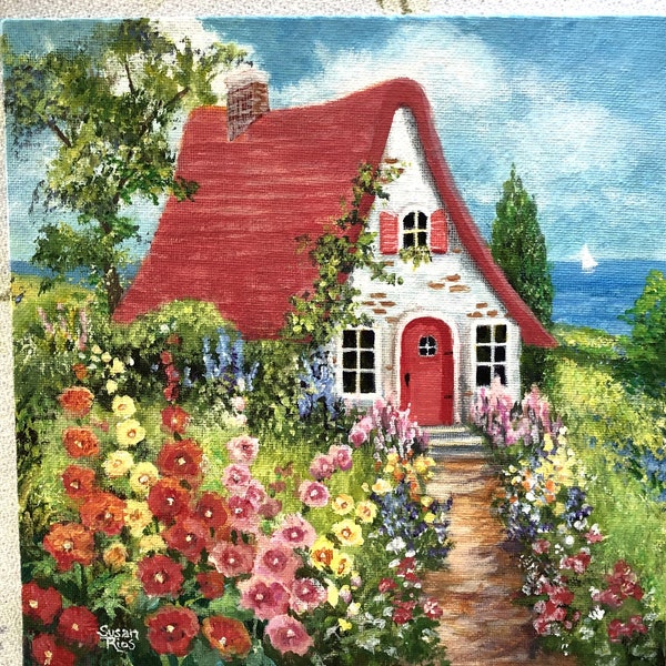 Hollyhocks By The Sea Cottage, Cottage Art, Cottage by the Sea, Hollyhock Cottage Art Print, Red Roof Cottage Floral Art, Floral Cottage