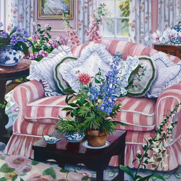 Coming Home Pink Interior by Susan Rios, Pink and White Striped Couch, Pretty Pink Interior, Pink Floral Room, Shabby Chic living Room