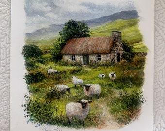 Irish Countryside Giclee Art Print: Thatched Cottage with Grazing Sheep by Susan Rios (10x8)