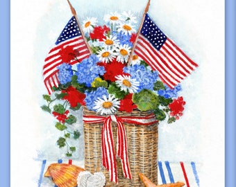 Red White and Blue Bouquet Limited Edition Print by Susan Rios, Summer Flower Print, Patriotic Flower Bouquet, American Flag