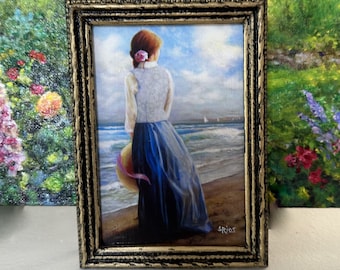 Miniature Romantic Painting of Woman By The Sea, Romantic Art, Seaside Art, Seaside Painting of Woman By The Sea, Miniature Painting