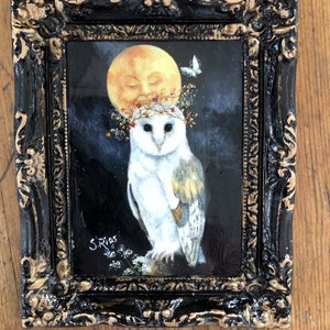 Owl and Moon Miniature Framed Print, Owl Art, Owl and Moon Art, Moon Art, White Owl image 2