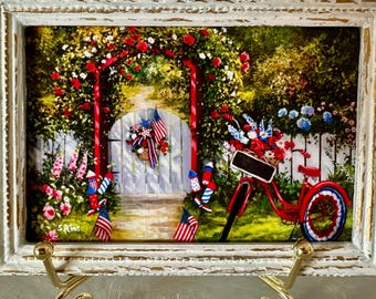 Patriotic Miniature Framed Print – 4th of July Garden Art, Americana Decor