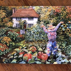 SALE Autumn Garden Canvas Print by Susan Rios, Autumn Art, Autumn Farm, Scarecrow and Pumpkins, Cottage in Autumn