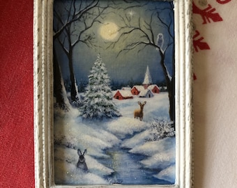 SALE Original Painting Village Snow Scene Winter Wood Frame 20x16 Canvas Mid Century Artist Signed Wall Art Vintage SALE Original Painting Village Snow Scene Winter Wood Frame 20x16 Canvas Mid Century Artist Signed Wall Art Vintage