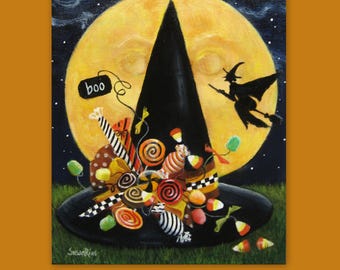 Whimsical Halloween Art Print: Witch's Hat, Candy & Moon - Decorative Wall Decor by Susan Rios