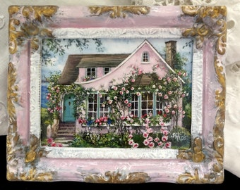 Pink Cottage by The Sea Art Print, Miniature Framed Seaside Cottage Art, Cottage Art, Pink Rose Cottage