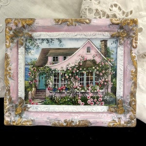 Pink Cottage by The Sea Art Print, Miniature Framed Seaside Cottage Art, Cottage Art, Pink Rose Cottage