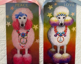 Peace Poodles Ribbon Print Set - Whimsical Retro Dog Art, Colorful Love Decor Gift