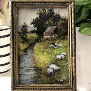 Miniature Framed Irish Cottage Print: Hand-Painted Rustic Frame