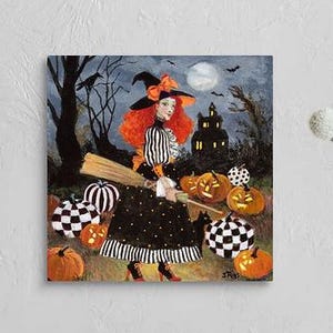 May include: A Halloween-themed painting featuring a witch with red hair and a black hat, holding a broom. The witch is surrounded by pumpkins and a spooky house under a moonlit sky. The witch is wearing a black dress with white polka dots and stripes.