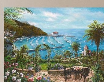 Catalina Island Canvas: Romantic Avalon Bay Harbor Scene - Coastal Giclee Print Artwork