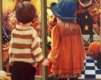 Halloween Window Art Print: Black Cat, Pumpkins, Iridescent Glitter