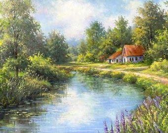 Peaceful Cottage Landscape Canvas Painting,  Original Nature Artwork by Susan Rios