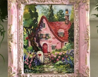 Valentine Cottage Miniature Framed Print by Susan Rios, Cottage Art, Pink Cottage, Miniature Cottage Art, Vintage Cottage