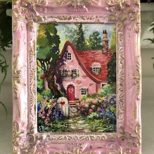 Valentine Cottage Miniature Framed Print by Susan Rios, Cottage Art, Pink Cottage, Miniature Cottage Art, Vintage Cottage
