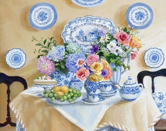Spring Flowers Canvas Print, Floral Wall Art, Blue and White China, Bunny