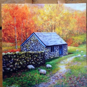 Golden Autumn Art Print ~ Autumn Landscape, Stone Cottage, Fall Leaves, Special Gift Card